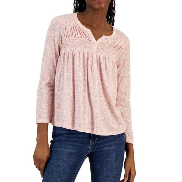 Style & Co Women's Smocked Cotton Blend Knit Top PINK XS NWT - Picture 1 of 4